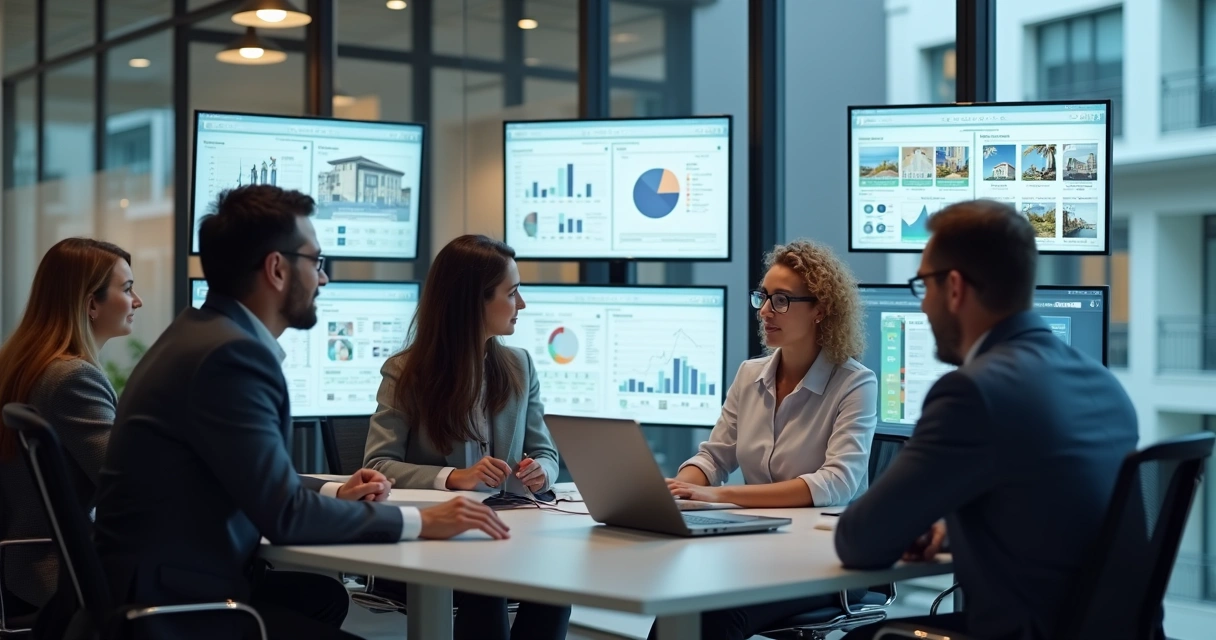 Equipes de corretores reunidas em frente a computadores com gráficos, mostrando captação de imóveis e leads digitais 