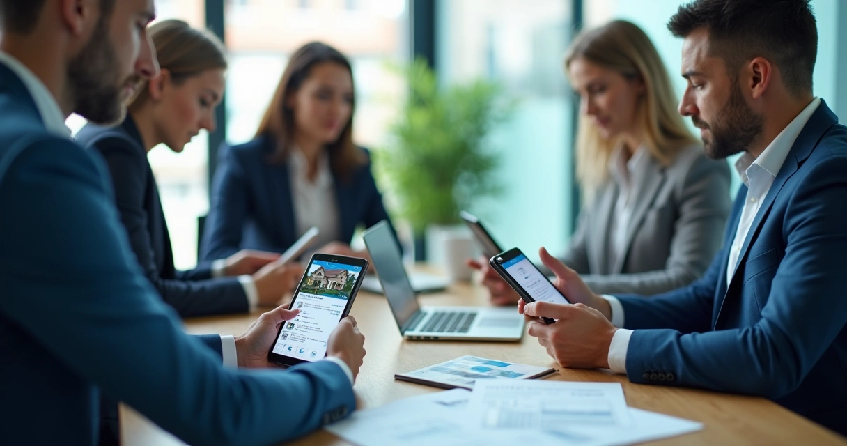 Corretores de imóveis com smartphones acessando painel de gestão 