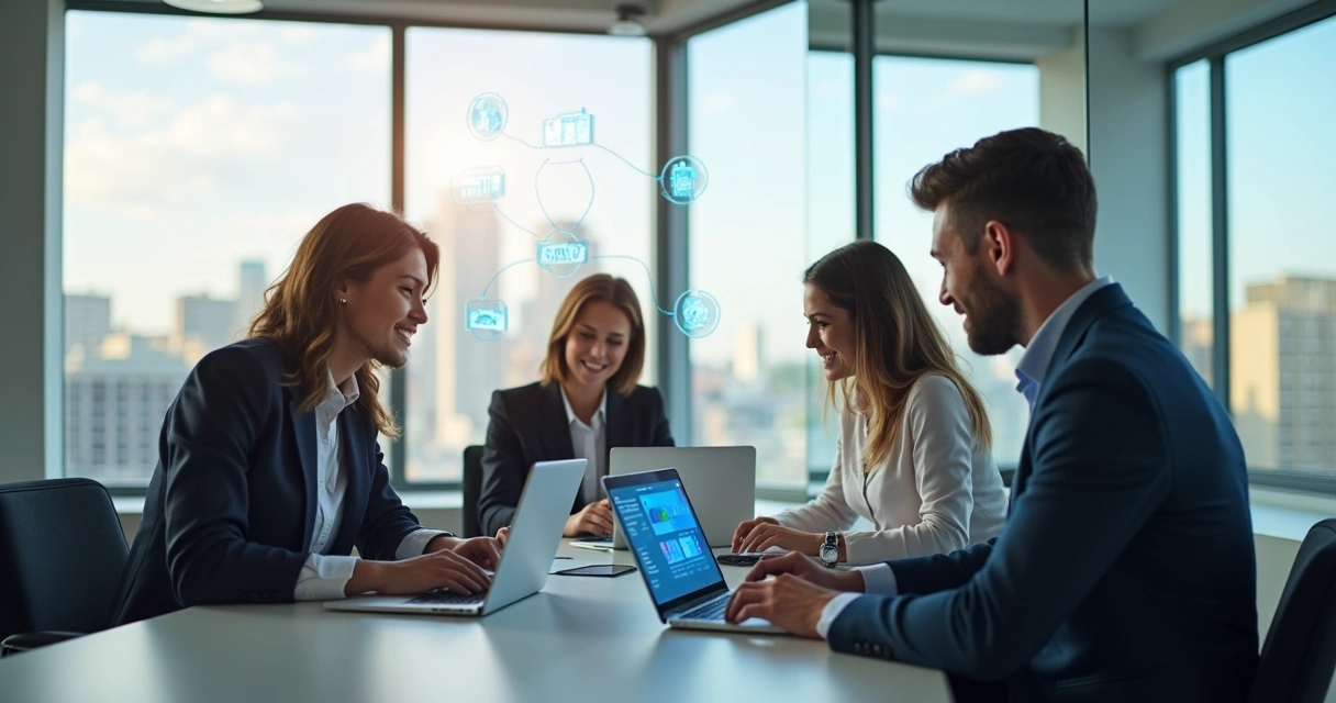 Corretores de imóveis usando plataforma digital em escritório 