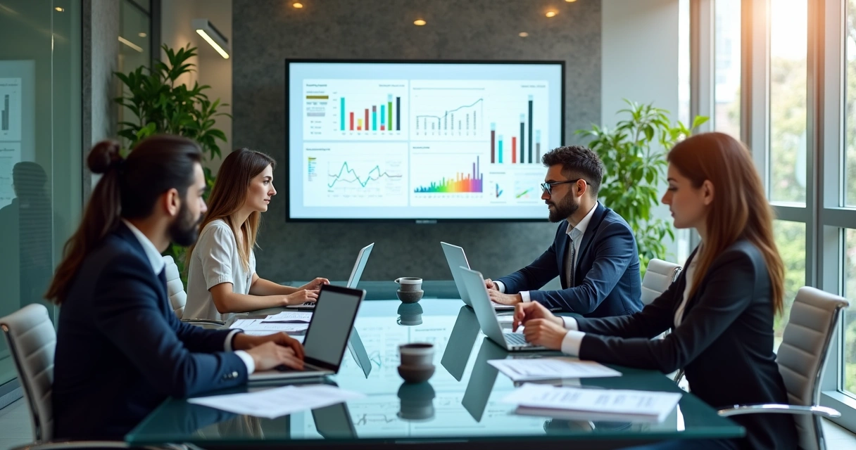 Corretores em mesa com computadores discutindo funil de vendas 