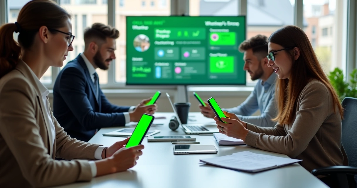 Corretores reunidos em ambiente de trabalho usando smartphones para comunicação via WhatsApp 