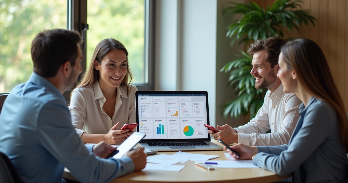 Corretores conversando em volta de mesa com celulares abertos mostrando CRM 