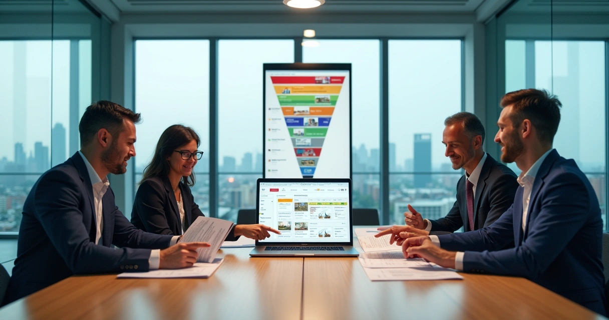 Corretores imobiliários analisando dashboard de CRM em escritório moderno 