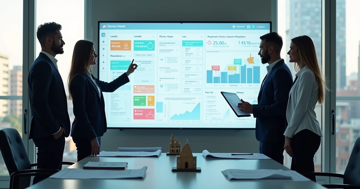 Equipe de corretores imobiliários acompanhando painel de CRM com métricas de tempo de resposta e funil de vendas 