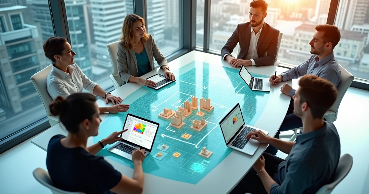 Vista superior de corretores analisando CRM imobiliário sobre mapa de cidade 