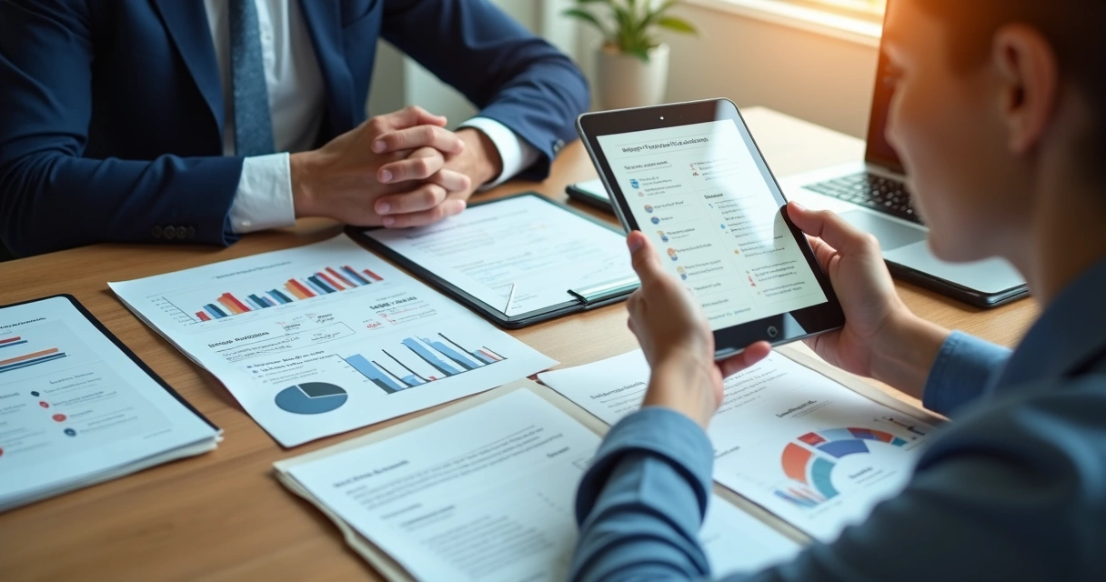 Corretor e gestora analisando diferentes processos em uma sala de reuniões imobiliária. 