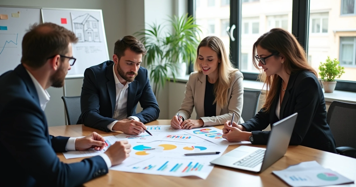 Corretores analisando gráficos de captação de imóveis em uma mesa