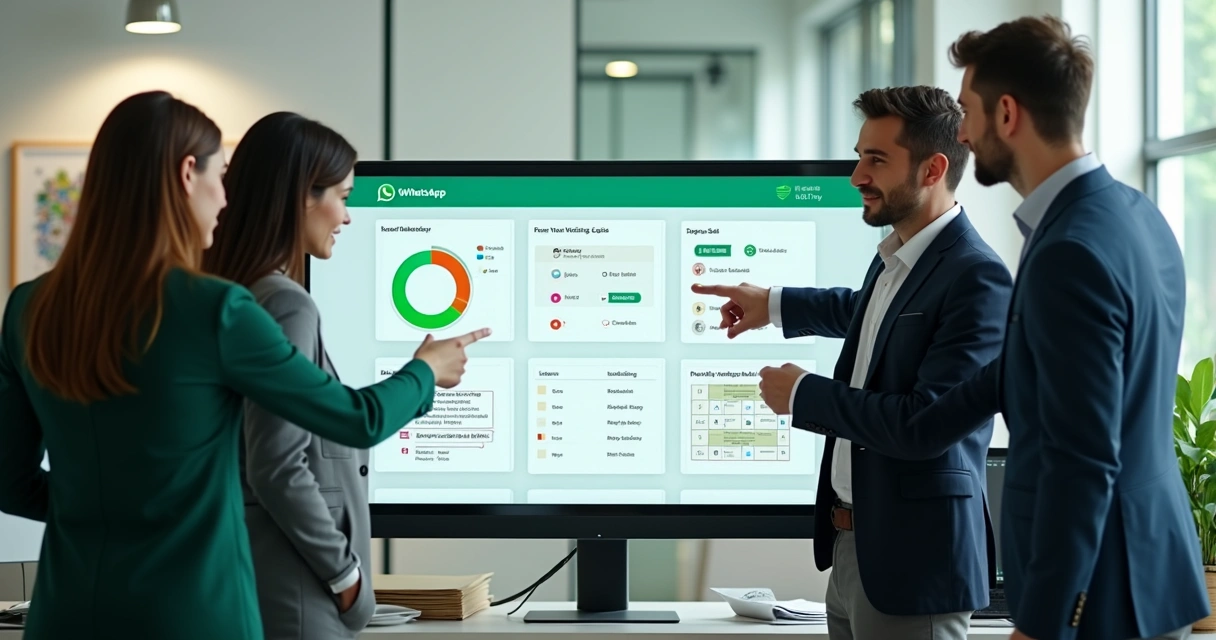 Quatro corretores imobiliários analisando tela com distribuição de leads via WhatsApp 
