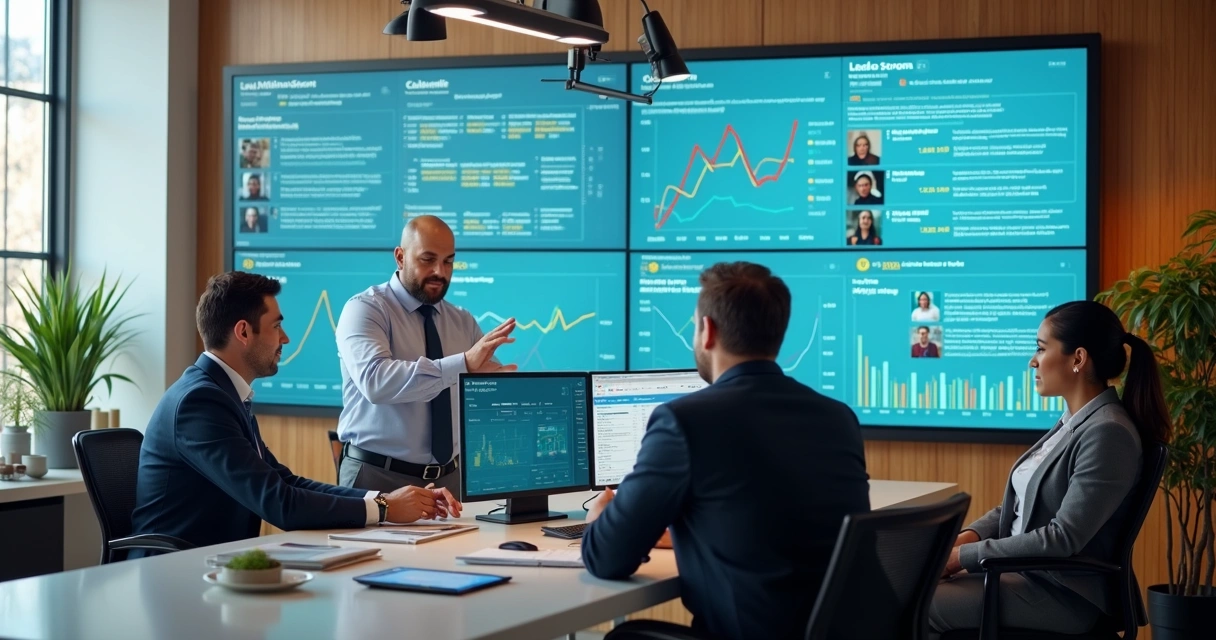 Corretores analisando dados de leads em telas digitais 