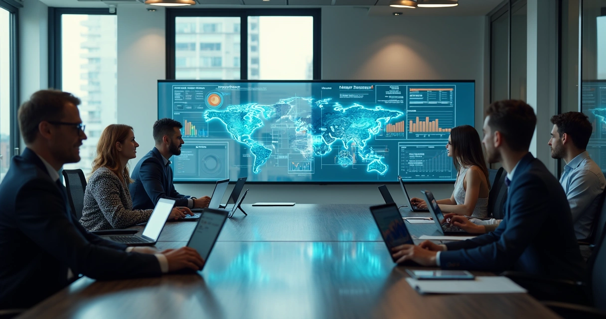 Corretores em reunião analisando soluções de IA para imobiliária 