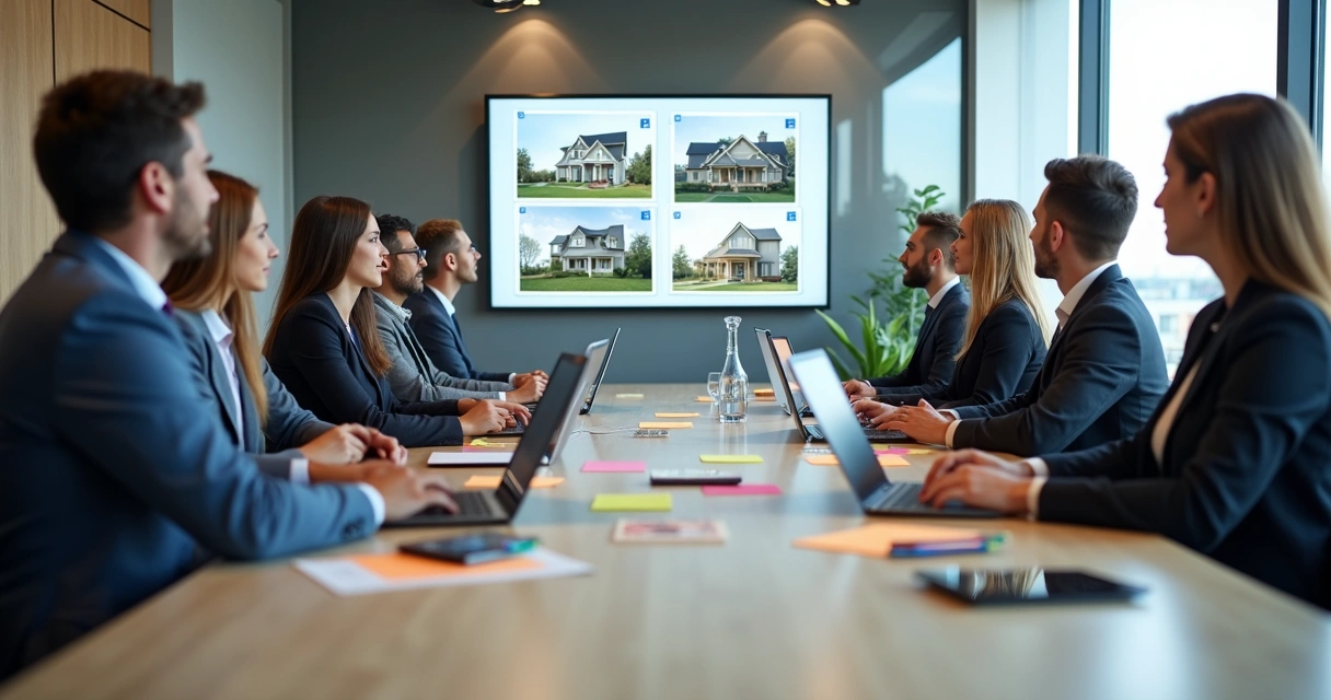 Corretores reunidos em sessão de treinamento digital, com computadores e telão ao fundo 