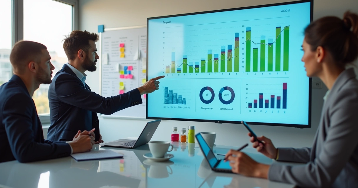 Corretores analisando dashboard com indicadores de desempenho em escritório moderno 