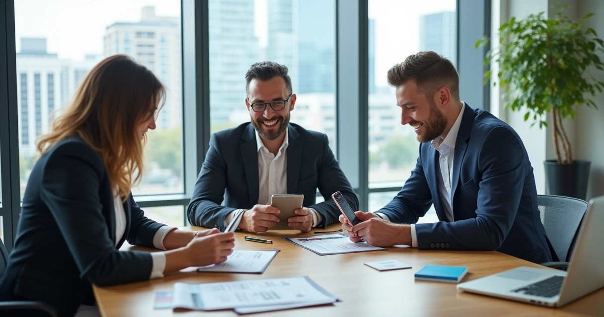 Equipe de corretores digitais utilizando dispositivos móveis 