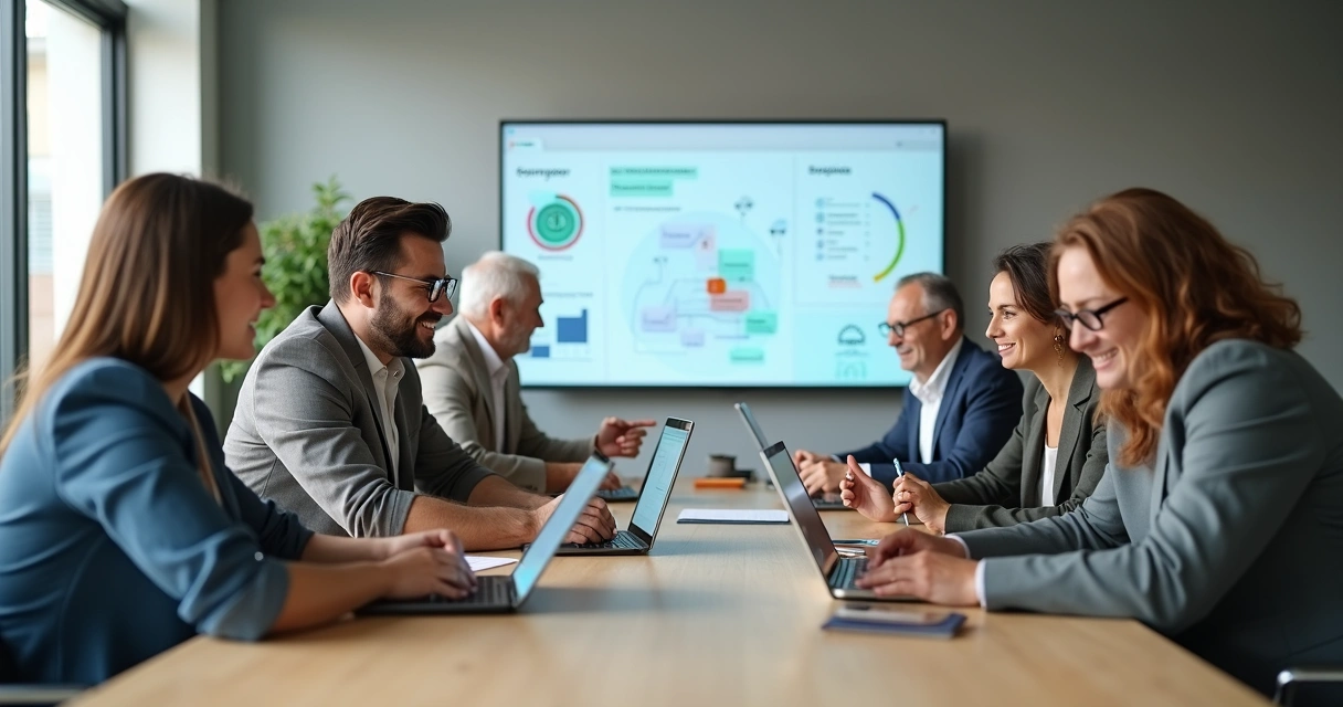 Corretores imobiliários de diferentes idades usando IA em treinamento prático 