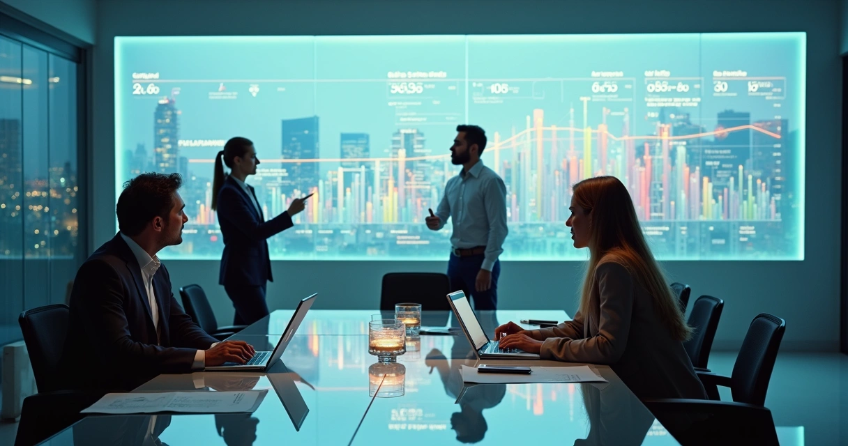 Corretores imobiliários em reunião analisando painel digital de leads quentes 