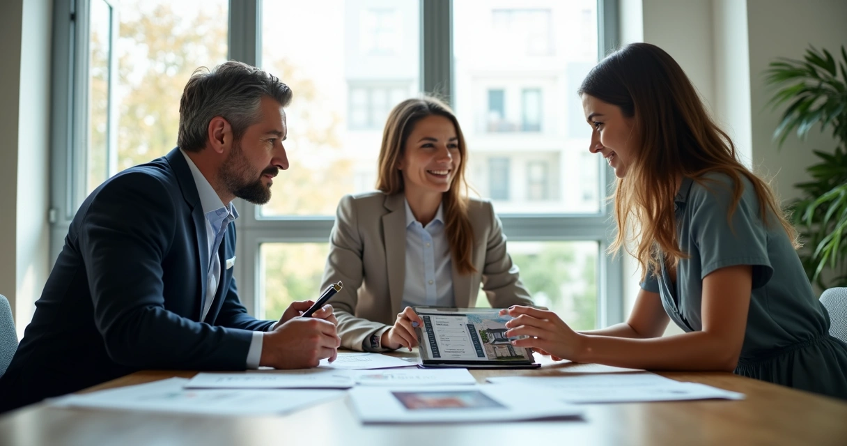 Dois corretores de imóveis conversando com cliente na mesa 