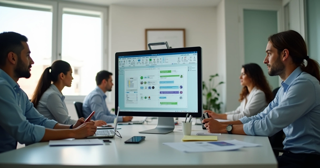 Corretores no escritório utilizando computadores para gerenciar leads 