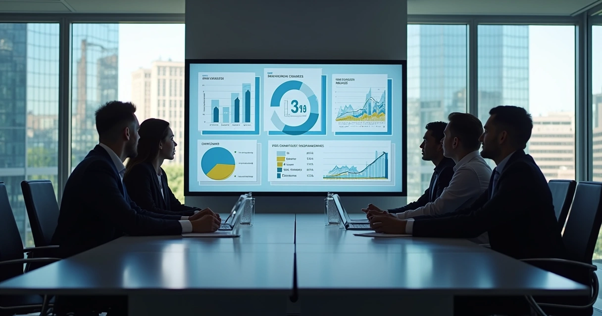 Equipe de corretores analisando painel de dados imobiliários na sala de reunião 