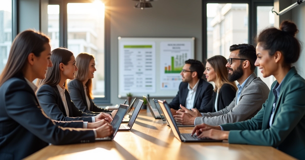 Reunião de corretores com computadores, analisando dados no CRM