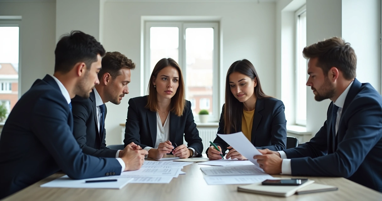 Corretores de imóveis em reunião analisando documentos imobiliários
