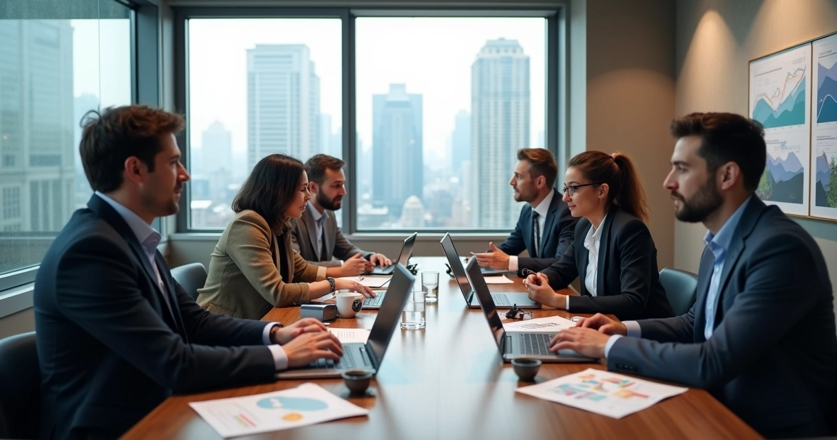 Corretores em reunião discutindo estratégias de captação de clientes 