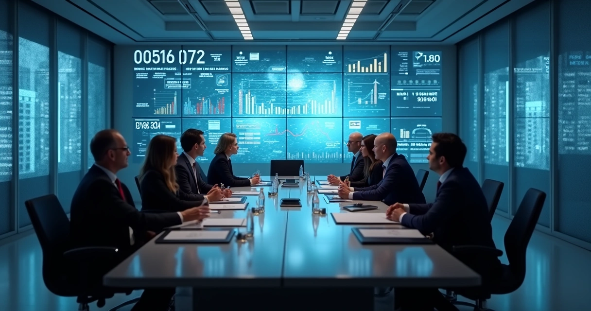 Equipe de corretores reunida em reunião com telas digitais ao fundo