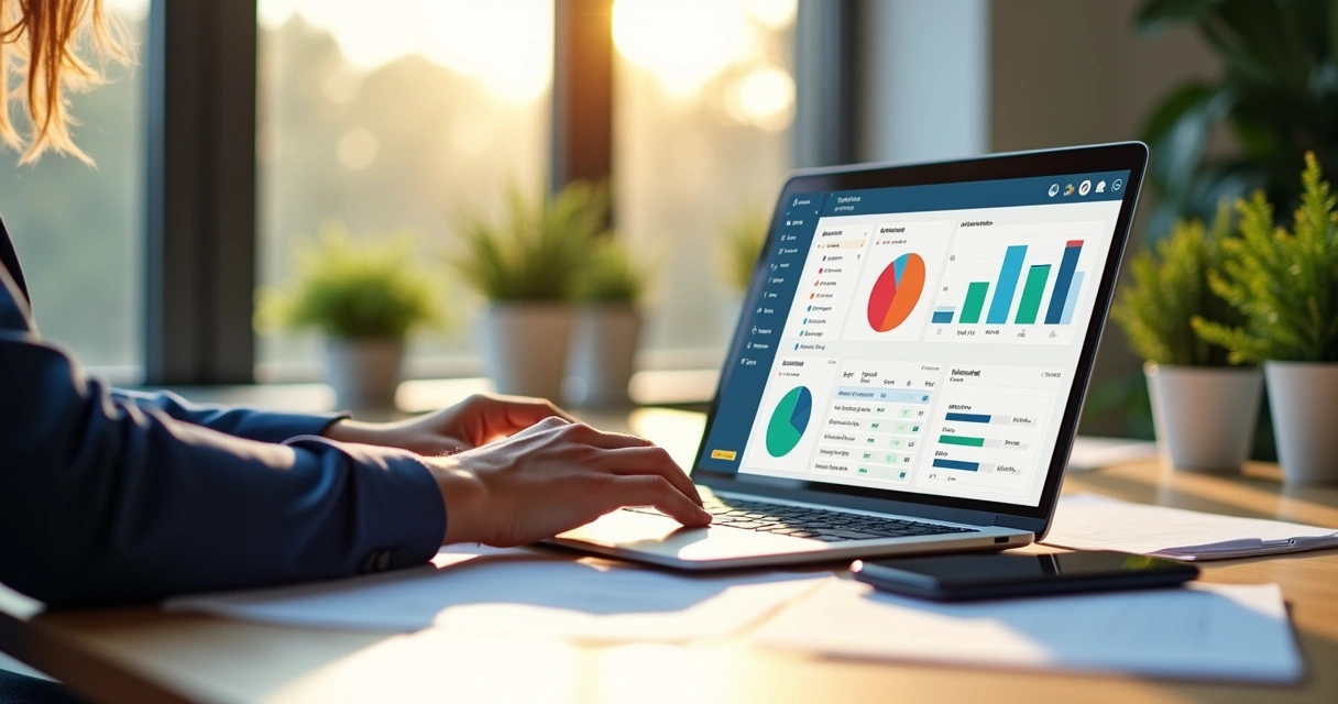 Corretor de imóveis utilizando notebook com interface de CRM na tela