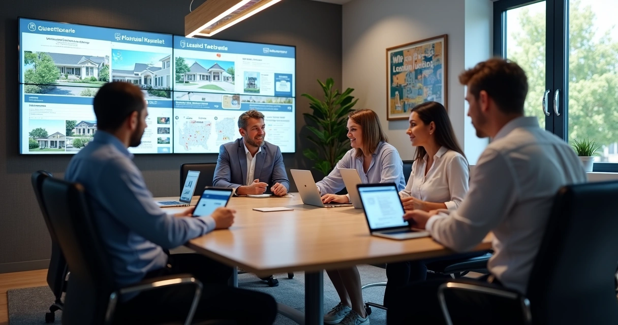 Equipe de corretores em reunião com telas digitais 