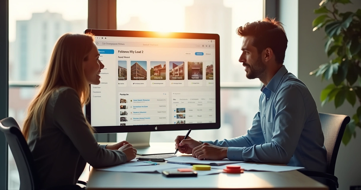 Dois corretores em frente ao computador analisando informações de clientes