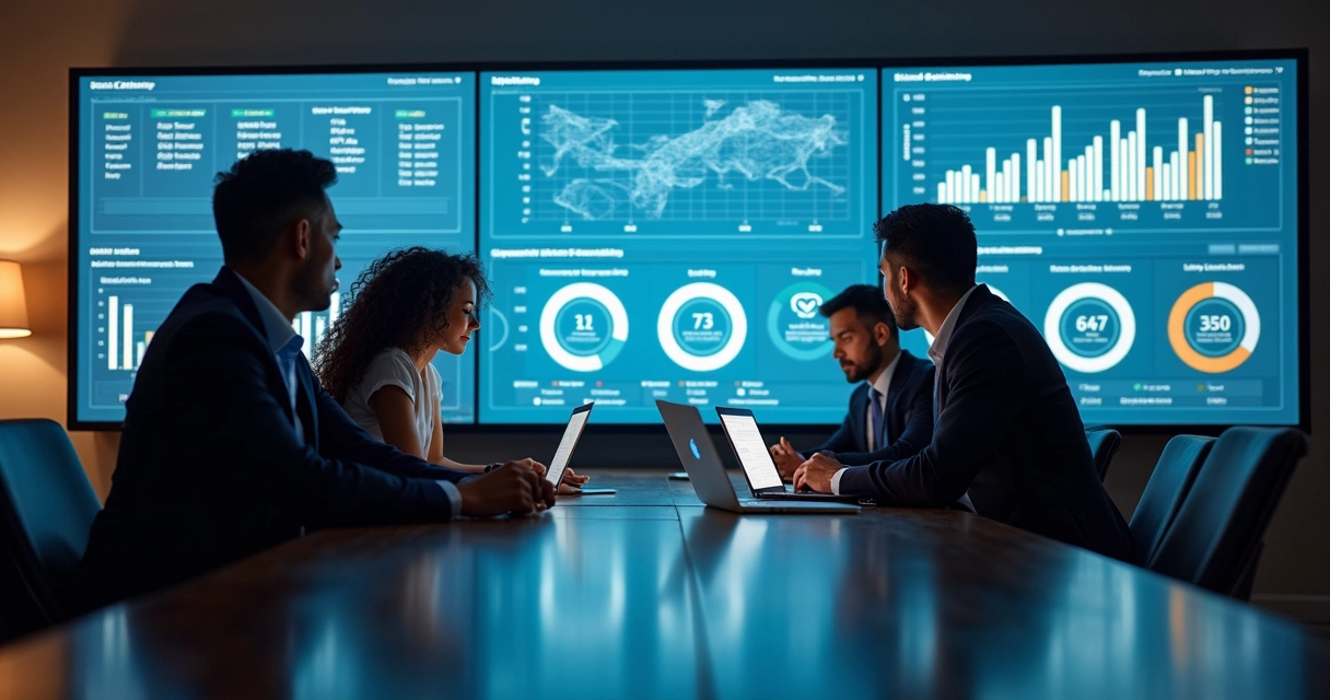 Equipe de corretores usando tablets e notebooks, analisando painéis de dados imobiliários em uma sala de reunião moderna 