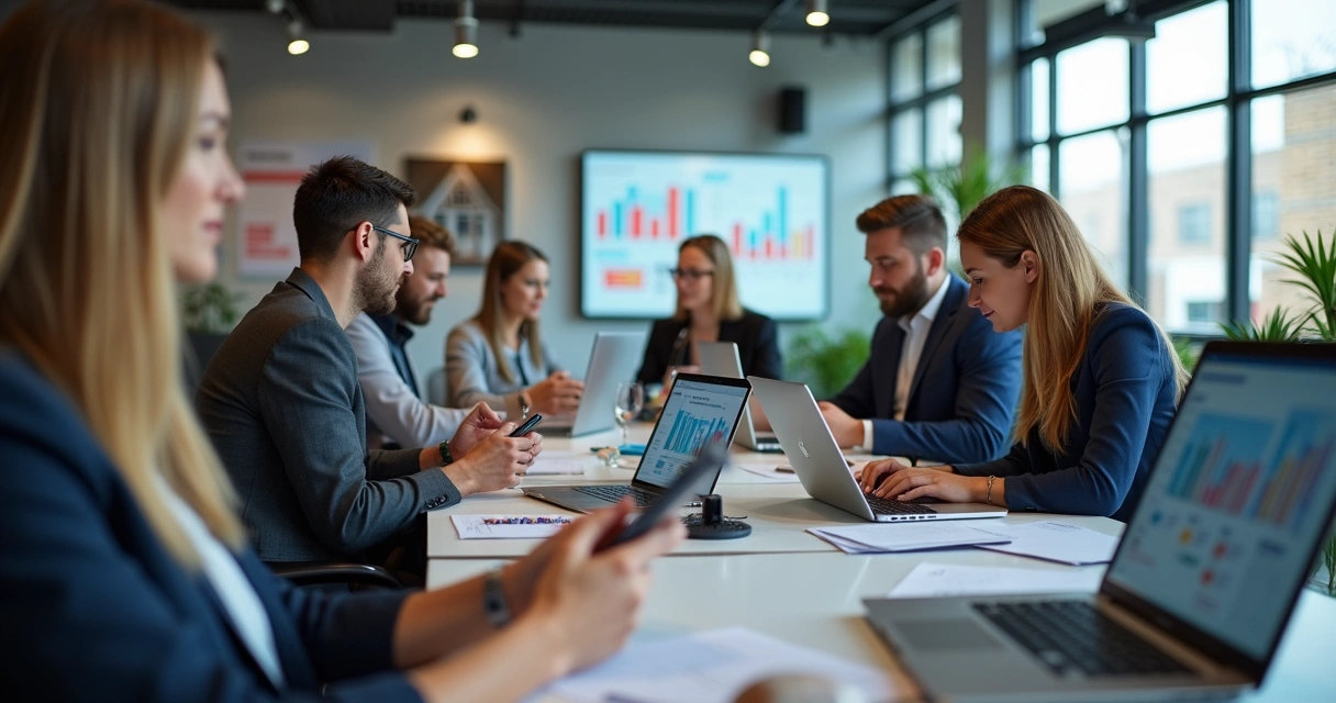 Corretores imobiliários usando smartphones com sistema CRM na tela 