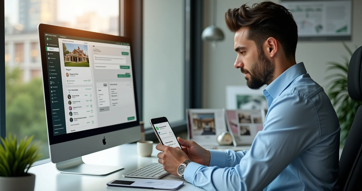 Corretor de imóveis consultando CRM no notebook e trocando mensagens no WhatsApp pelo celular