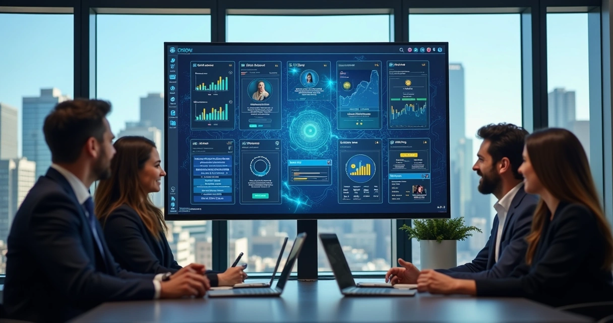 Corretores de imóveis usando um painel de CRM moderno com gráficos e IA