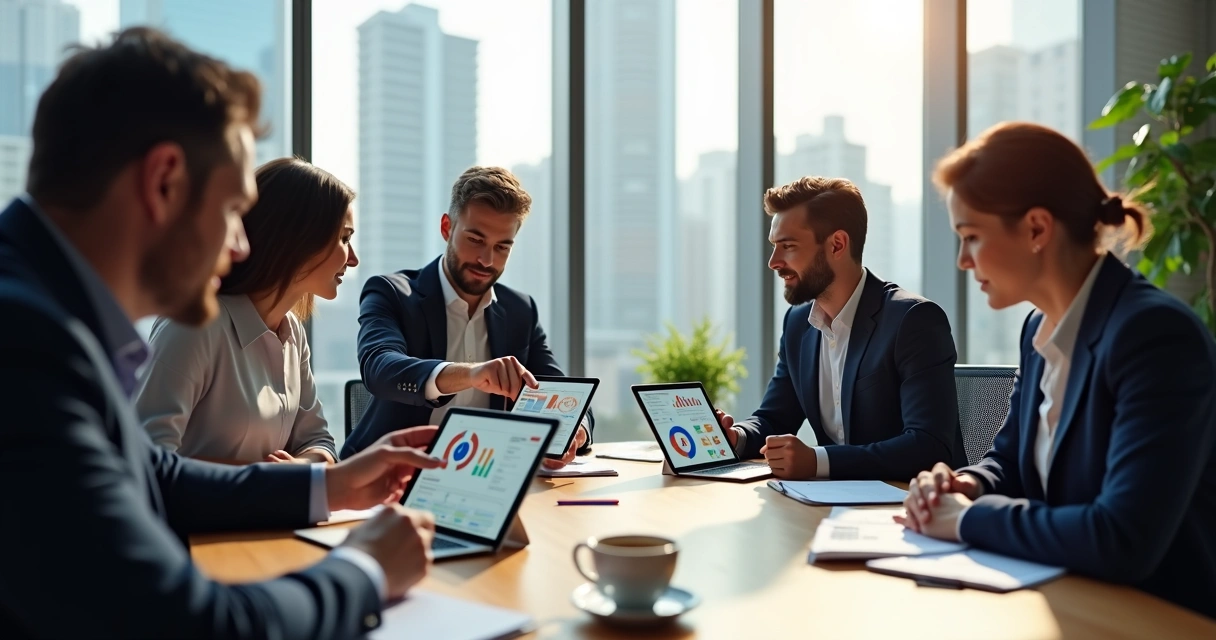 Corretores de imóveis analisando painéis de vendas em tablets