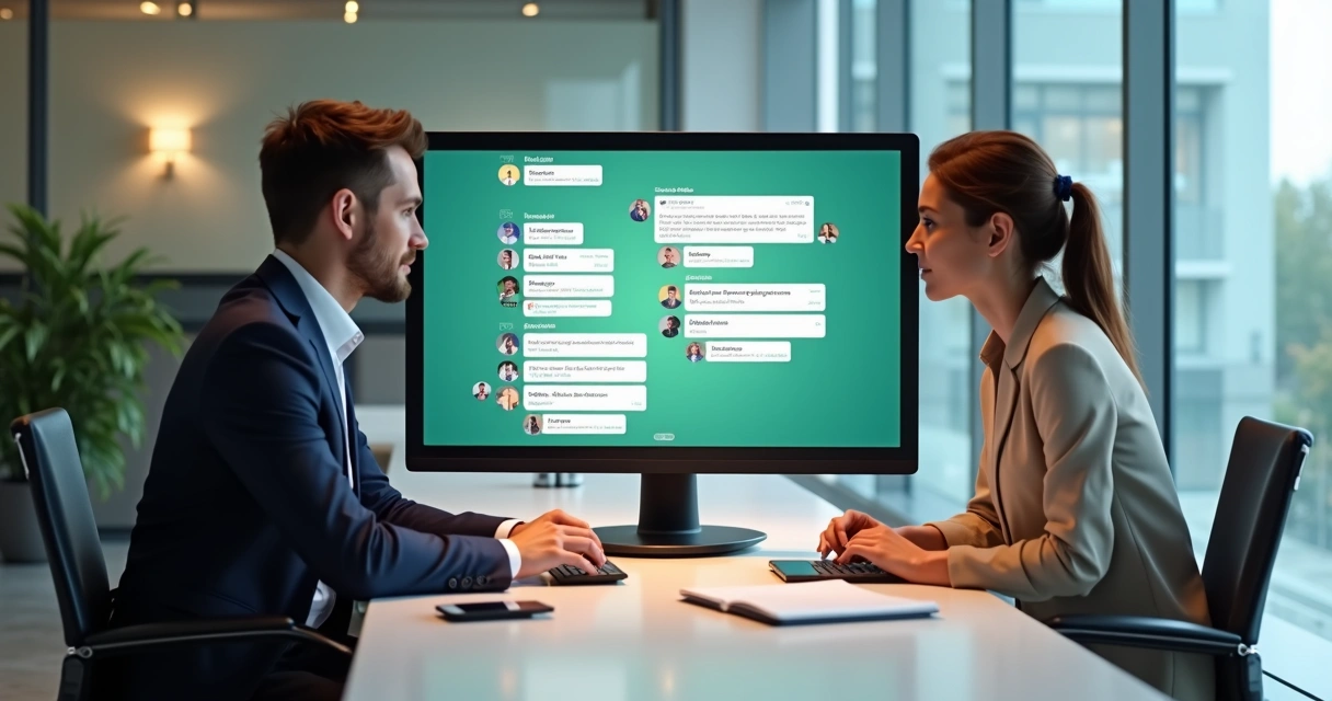 Dois corretores analisando mensagens de WhatsApp na tela do computador 