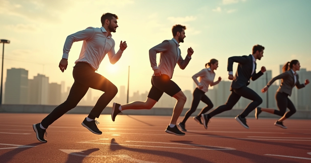 Equipe equilibrando corrida de competição e colaboração em pista de atletismo corporativa 