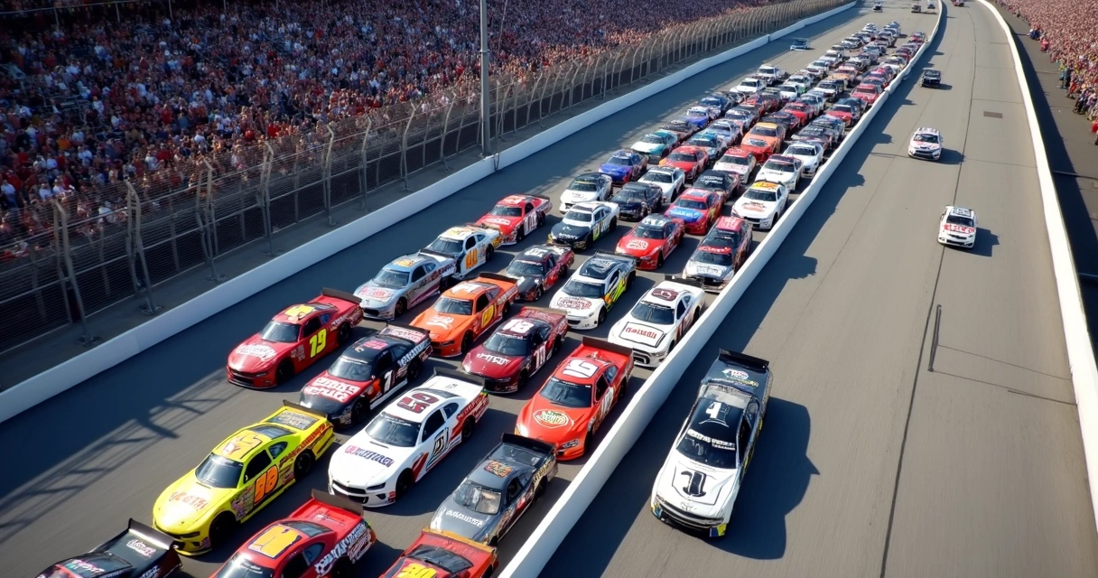 Carros de NASCAR lado a lado em pista oval 
