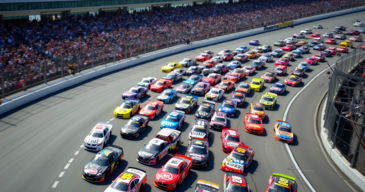 Carros disputam lado a lado em pista oval da NASCAR 