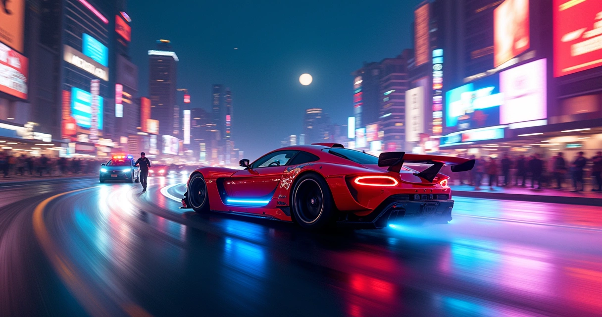 Cena intensa de corrida noturna com carro vermelho personalizado e polícia em perseguição pela cidade.