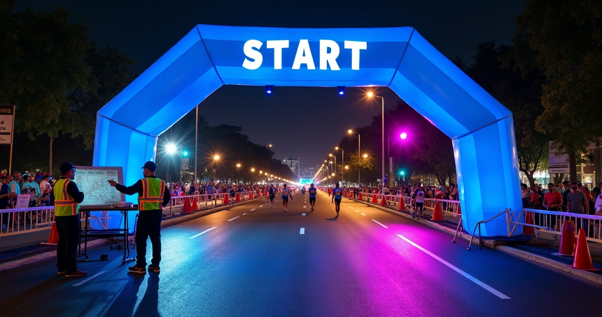 Arco de largada iluminado em corrida noturna com equipe organizando estrutura 