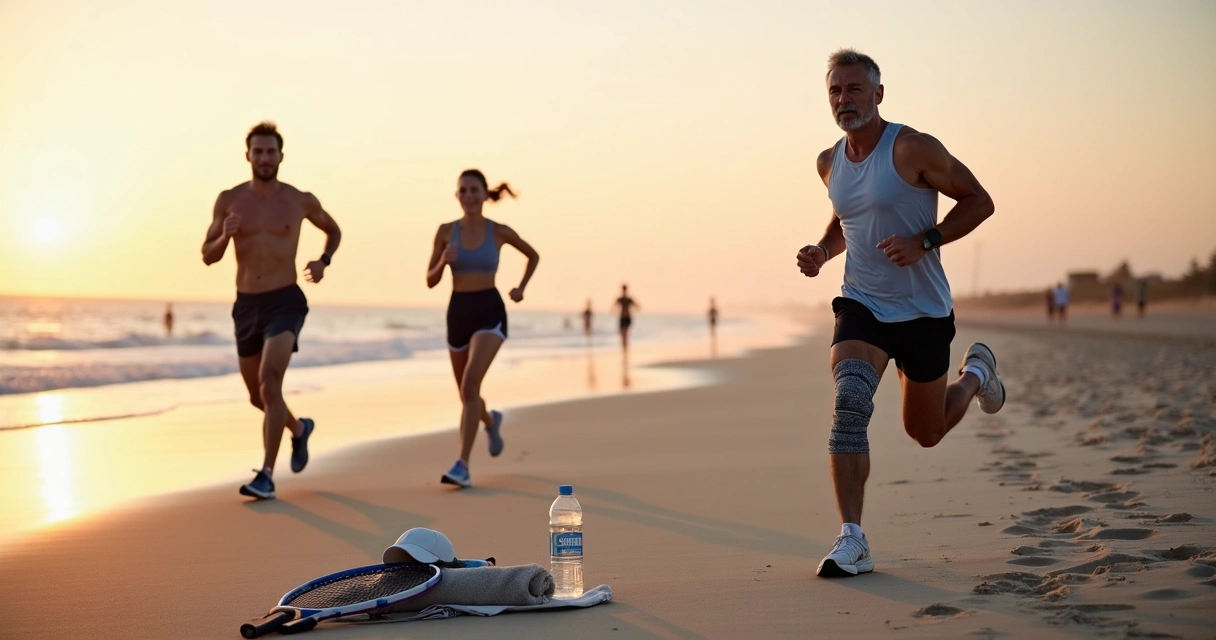 Grupo correndo na praia fazendo aquecimento e usando equipamentos de proteção 