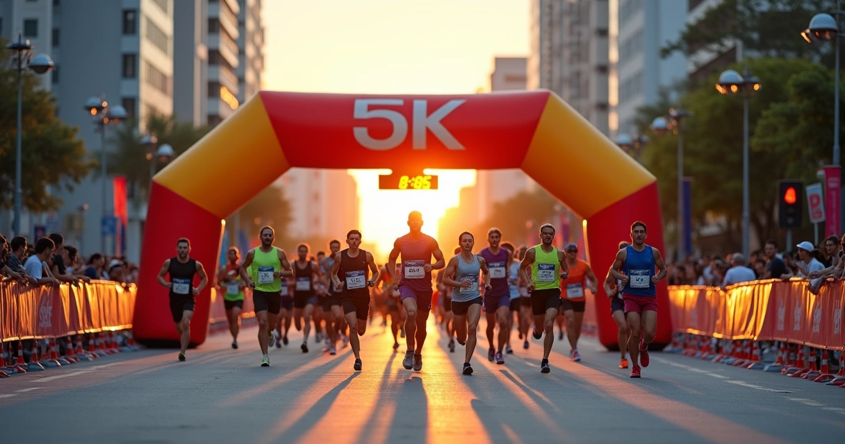 Corredores amadores cruzando linha de chegada em prova de 5 km em avenida ao nascer do sol 
