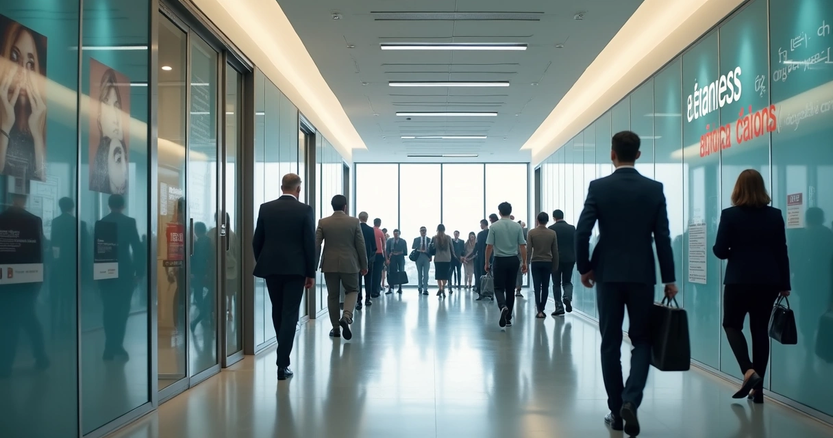 Corredor de escritório com pessoas caminhando, conversando e placas mostrando palavras como ética e valores ao fundo. 