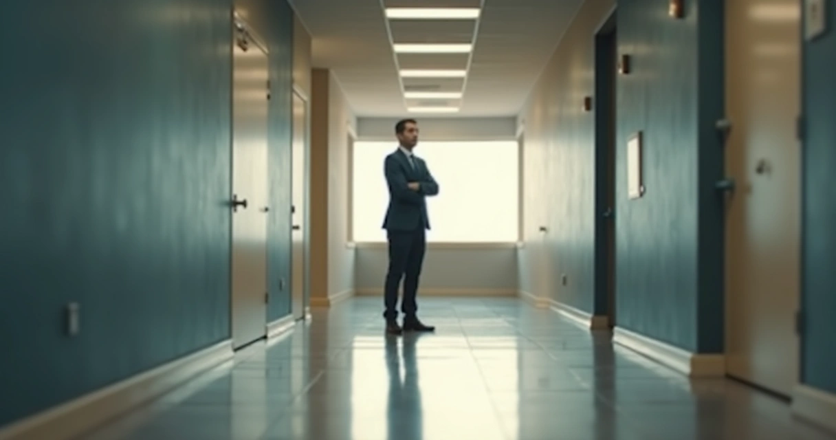 Professional standing alone in corridor reflecting after difficult workplace interaction 