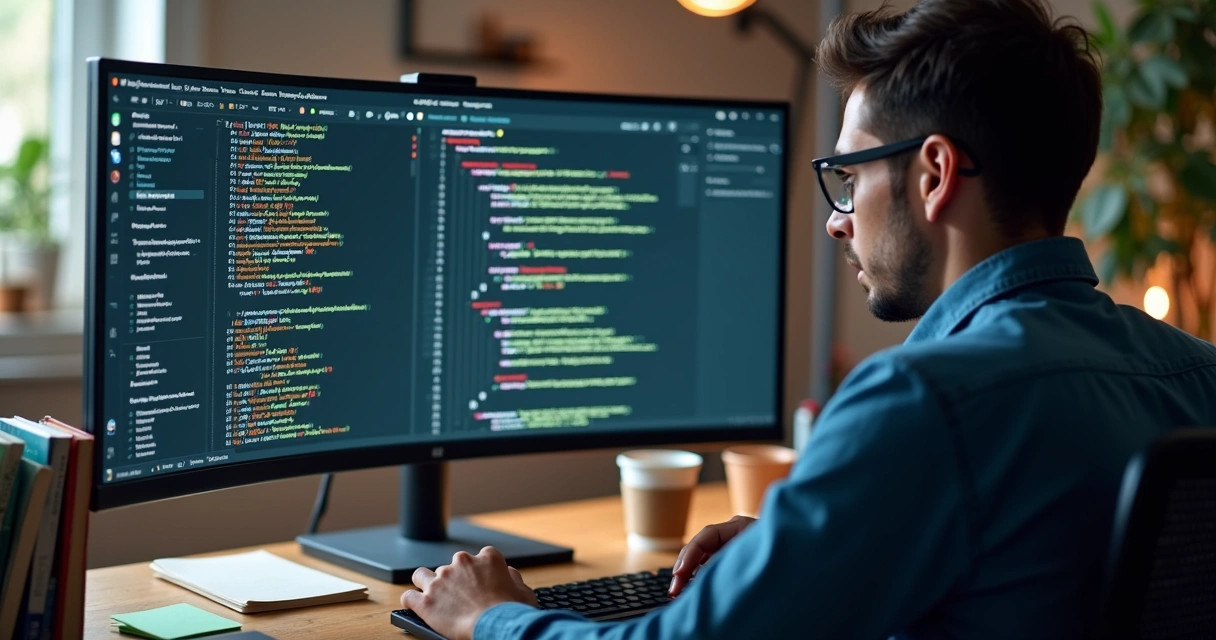 Desenvolvedor corrigindo bugs em sistema de software personalizado