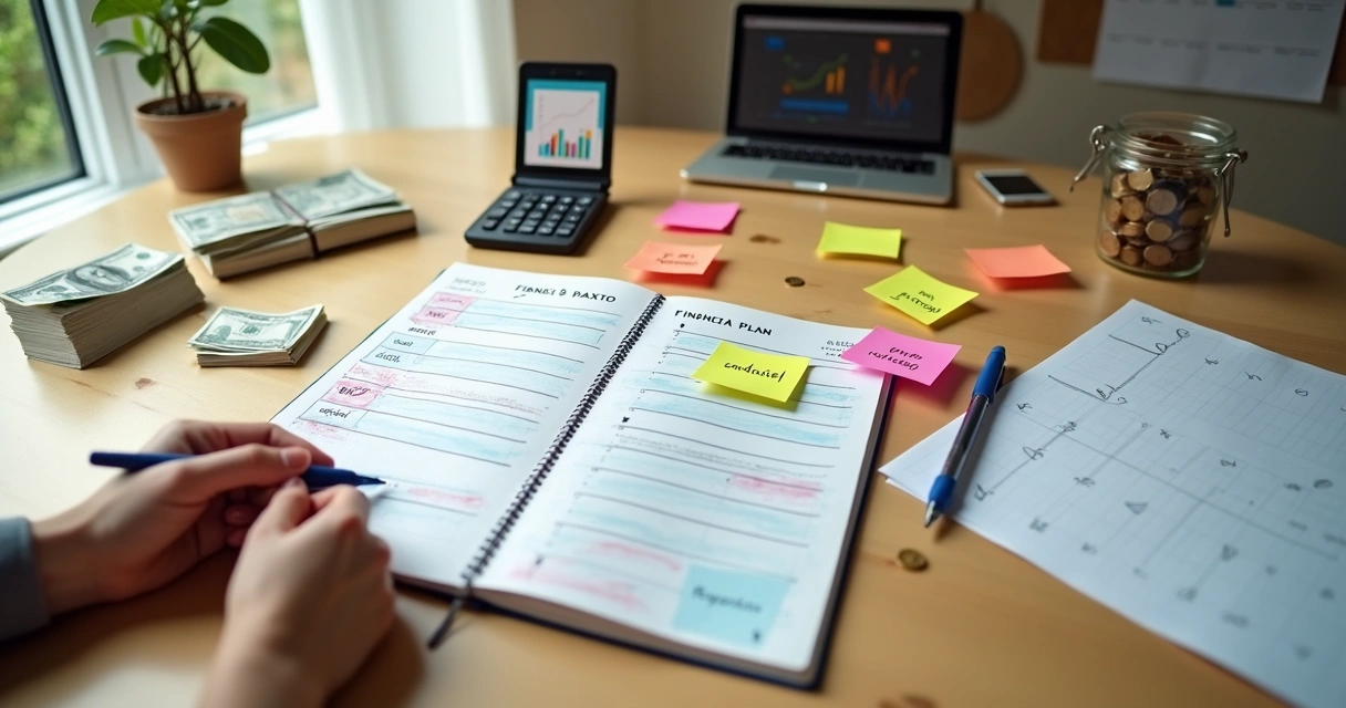 Pessoa ajustando plano financeiro com notas adesivas e gráficos sobre a mesa 