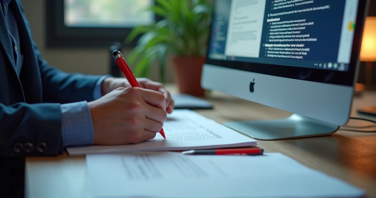 Profissional revisando o texto gerado por IA no computador 