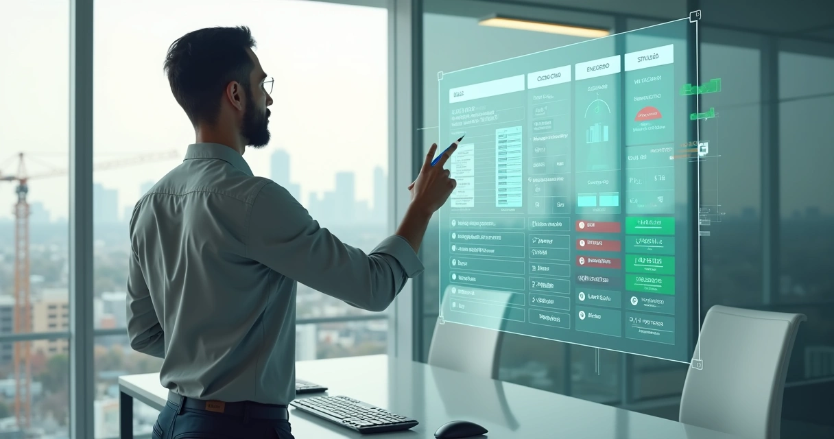 Engenheiro conferindo dados de obra em painel digital com ícones de alerta sendo corrigidos 