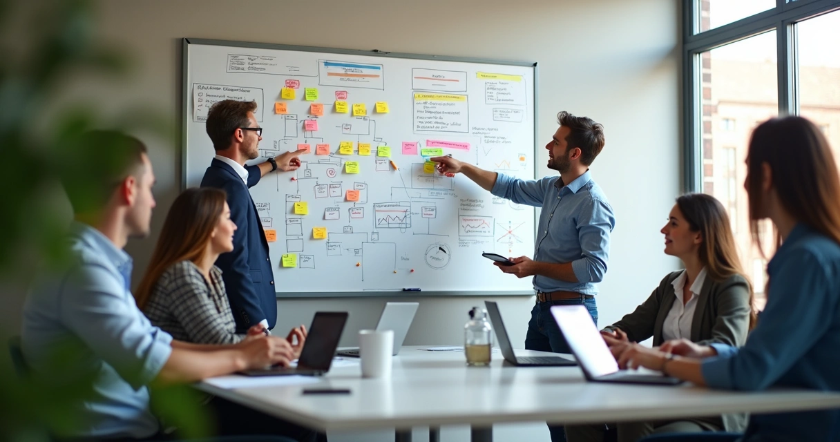 Equipe reunida revisando estratégia de marketing em quadro branco