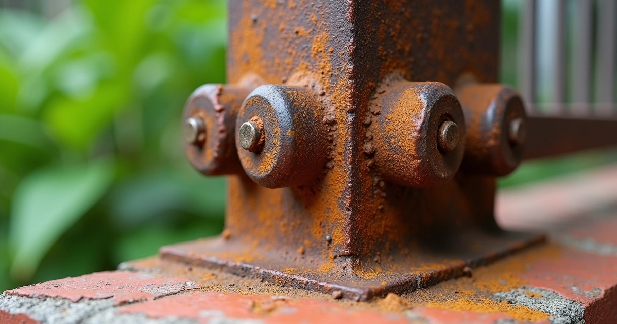 Rusted bolts and brackets in an outdoor Florida patio 